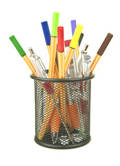 colouring pens and junk in desk tidy