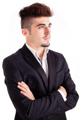 Pensive young business man - isolated on white