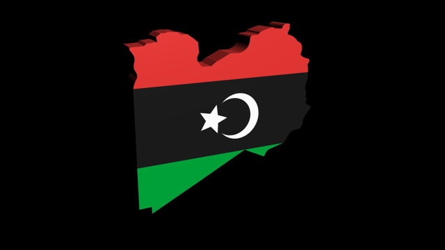 Libya map flag rotating on black animation