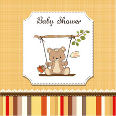 baby shower card with teddy bear in a swing