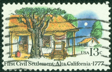 stamp printed in USA shows the Farm Houses