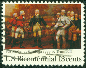 stamp shows Painting Surrender of Burgoyne at Saratoga
