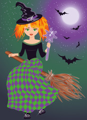 A young witch flying on a broomstick