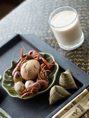 Chinese food - Rice Dumpling, baked milk, egg, shrimps