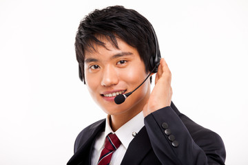 customer support operator man smiling isolated on white