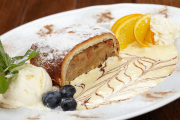 apple strudel with vanilla ice cream
