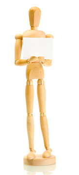 Wooden Mannequin With Empty Paper Isolated On White