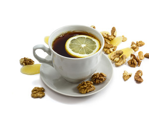 Black tea and lemon in cup