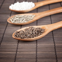 various spices in wooden spoons