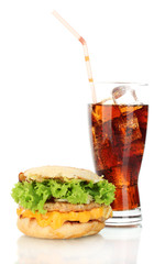 tasty sandwich and glass with cola, isolated on white