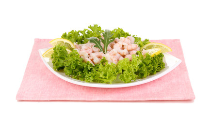 Delicious marinated shrimp in plate isolated on white