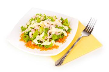 Delicious marinated shrimp in plate isolated on white