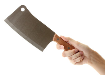woman's hand holds a meat cleaver on white background close-up