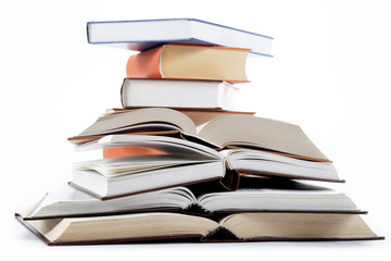 A stack of books on a white background.