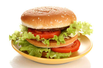 Big and tasty hamburger on plate isolated on white