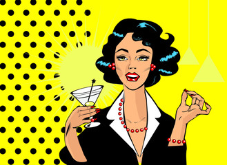Woman drinking martini or cocktail retro vintage clipart