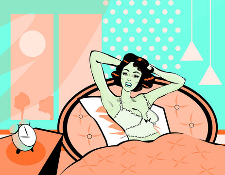 Wake up illustration A woman waking up from bed in the morning