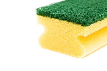 Yellow sponge with green abrasive surface for cleaning