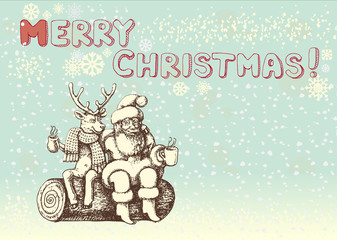 Santa Claus und Renntier Rudolph machen eine Kaffeepause