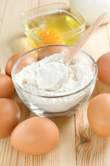 Basic ingredients for dough. Milk, eggs and flour.
