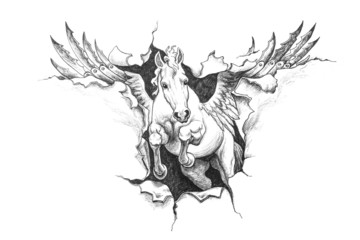 Pegasus dynamically breaks through space. Illustration of a pencil drawing. - 44616700