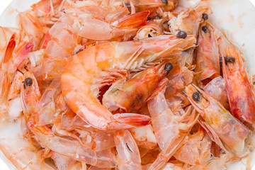 Pile of cooked and peeled shrimp