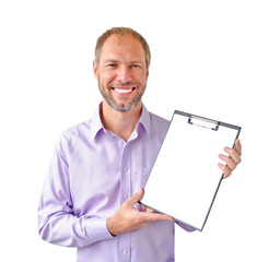 Smiling man with a tablet isolated on white background