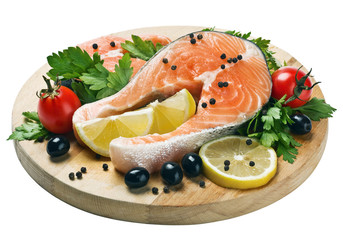 freshly caught salmon steaks with vegetables and spices