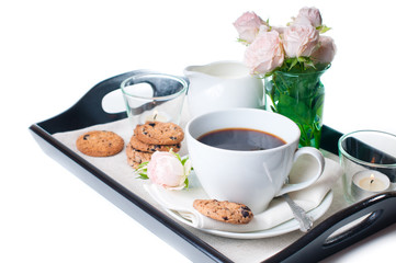 breakfast, coffee and cookies on a tray