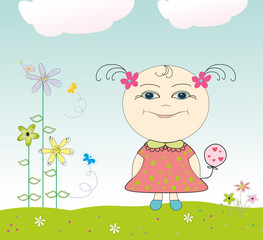 Girl with balloons in the meadow with flowers.