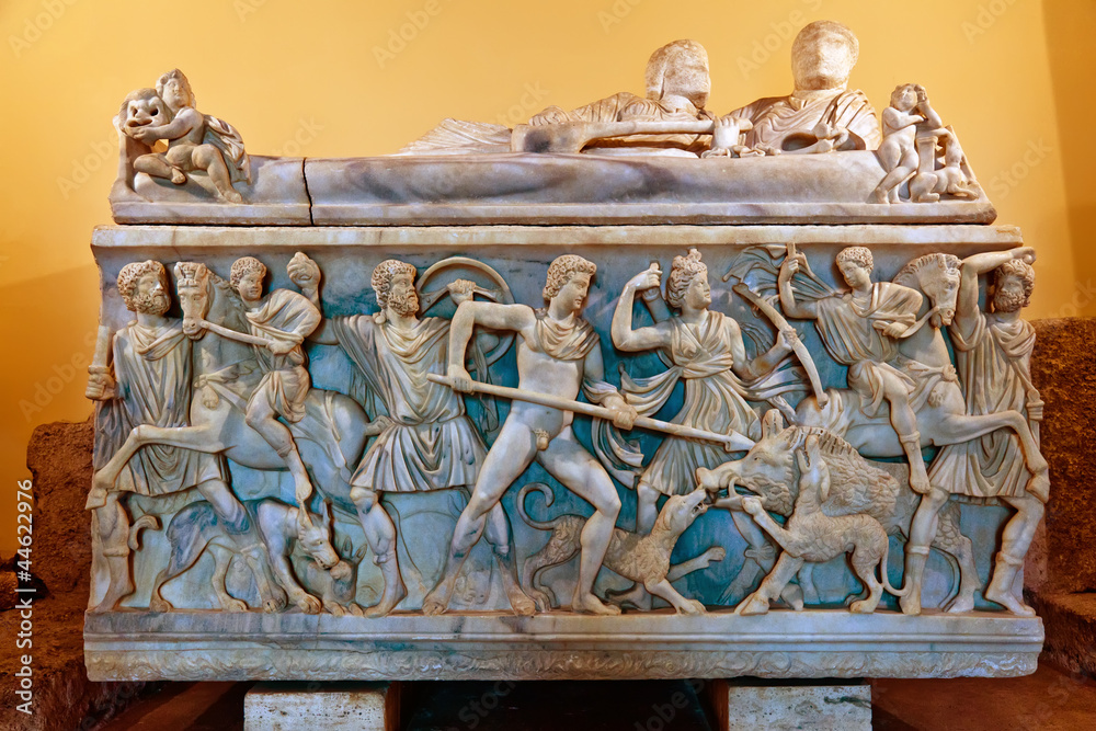 Wall mural Sarcophagus with the Calydonian boar hunt