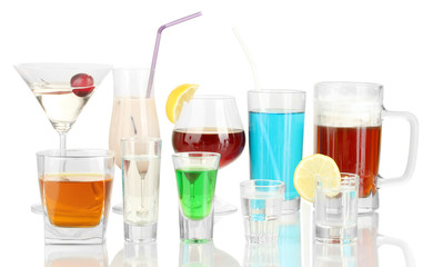 a variety of alcoholic drinks isolated on white