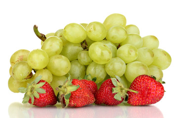ripe sweet grapes and strawberries isolated on white