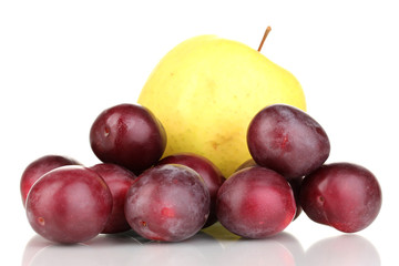 ripe sweet apple and plums isolated on white