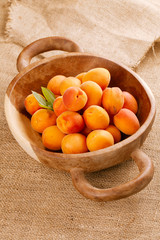 fresh apricots on wooden bowl, shallow DOF