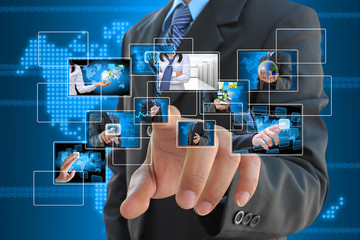 businessman hand pushing button