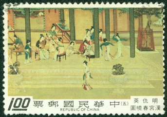 stamp printed in Taiwan shows a traditional painting - obrazy, fototapety, plakaty