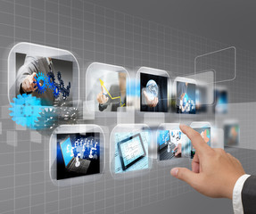 hand pushing  touch screen interface - obrazy, fototapety, plakaty