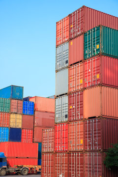 Stack Of Cargo Containers  In An Intermodal Yard