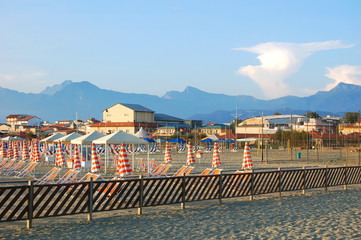 Viareggio sand  beach with umbrellas