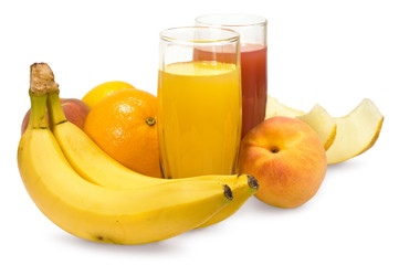 two glasses of juice and fresh fruits