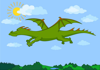 Green fairy dragon flies in the blue sky