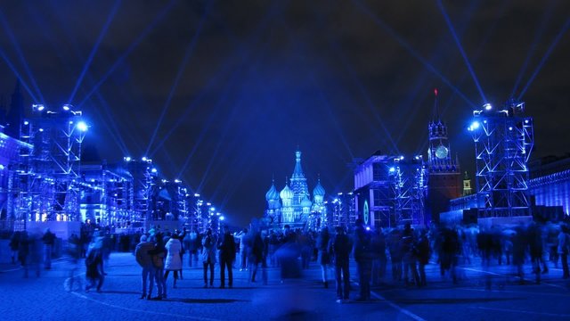 People walk on Red Square in night