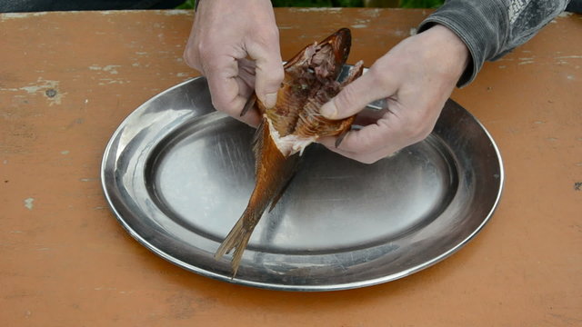 smoked fish in metal palte and fishermans hands