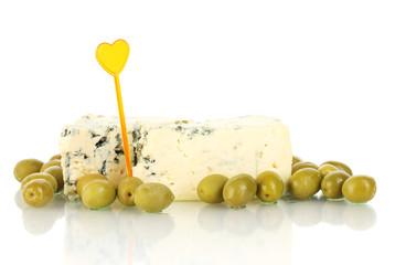 Cheese with mold and olives isolated on white