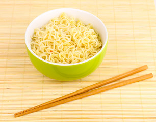 asian noodles in bowl on bamboo mat