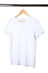 white t-shirt on hanger on white background