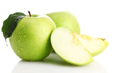 Ripe green apples with leaf and slice, isolated on white