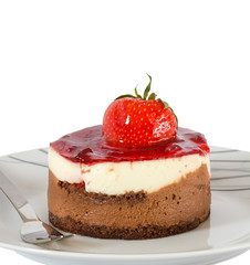 Small cake with chocolate and strawberry isolated