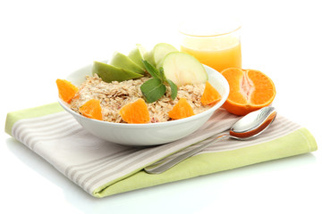 tasty oatmeal with orange and apple, isolated on white